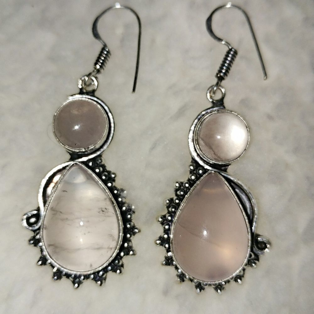 Pink Genuine Rose Quartz Earrings ~ Set in Genuine 92.5 Sterling Silver ~ NEW